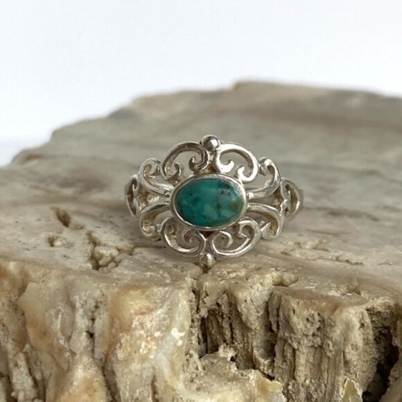 Sterling Silver 925 Cutout Scrollwork Oval Simulated Turquoise Ring Sz 7.25 - Picture 12 of 16